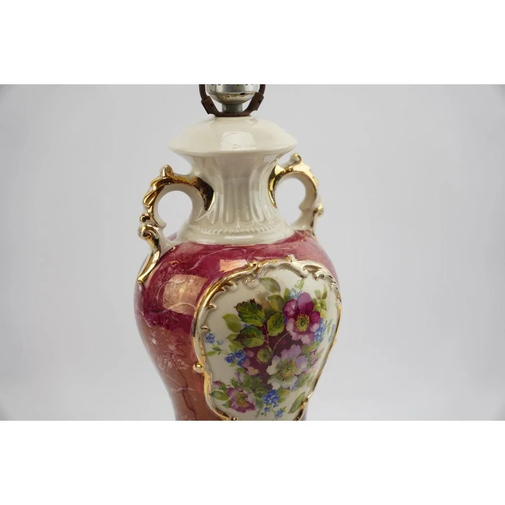Vintage Early 1950's ‎ Handled Ceramic Shabby Chic Floral Lamp Red & White